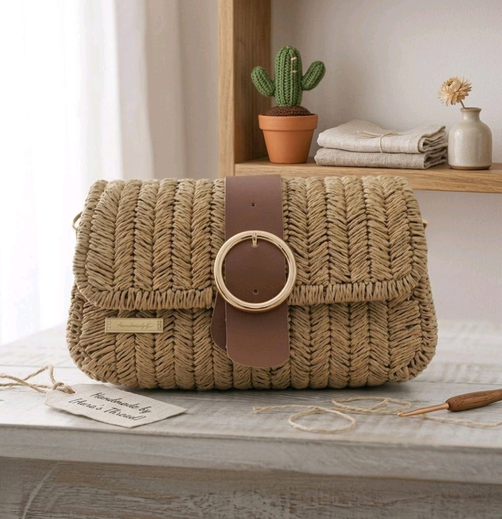 Handmade Straw Shoulder Bag - Bohemian Crossbody by Seval Özsoy - Natural Woven Summer Purse with Gold Ring Buckle - Unique Artisan Gift