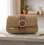 Handmade Straw Shoulder Bag - Bohemian Crossbody by Seval Özsoy - Natural Woven Summer Purse with Gold Ring Buckle - Unique Artisan Gift