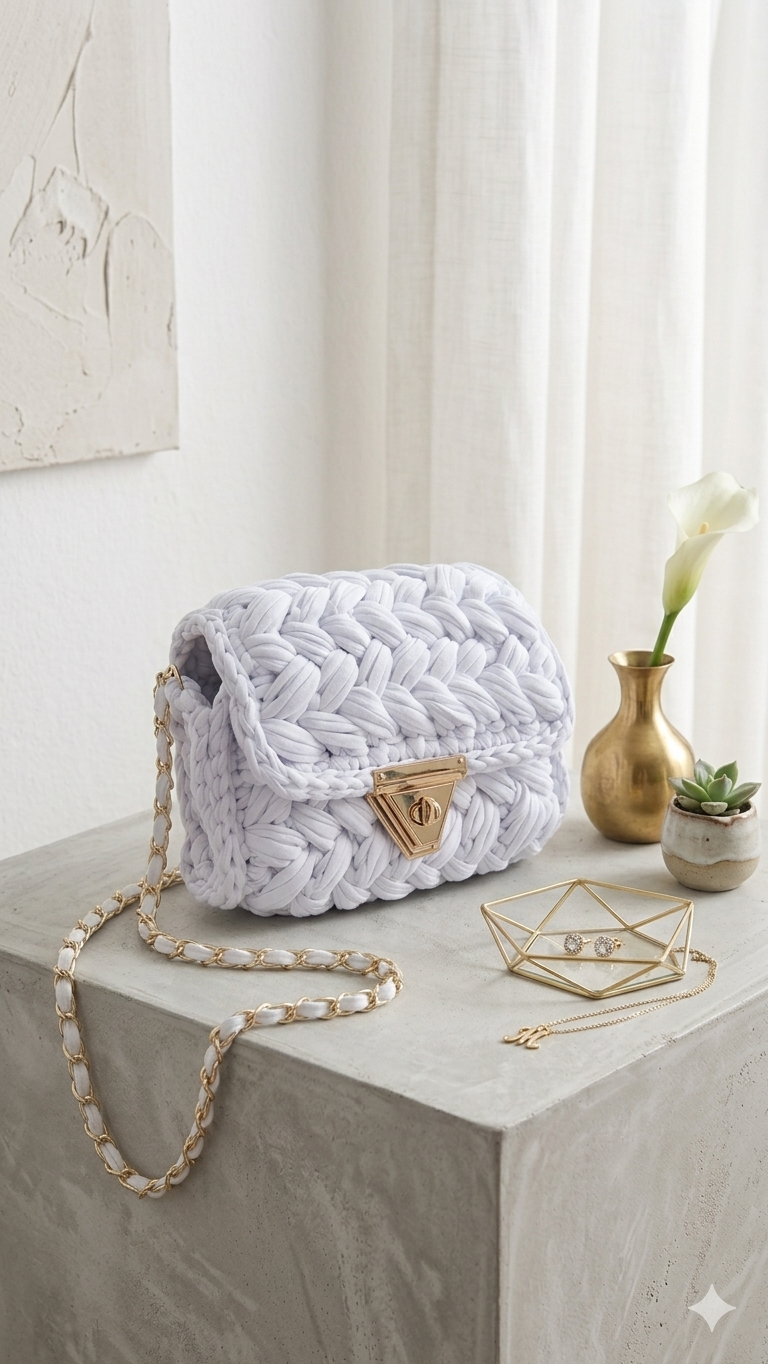 Chalk White Crochet Crossbody Bag - Handmade Popcorn Stitch Purse by Seval Özsoy - Soft T-Shirt Yarn Mini Bag - Unique Designer Gift