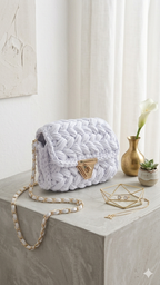 Chalk White Crochet Crossbody Bag - Handmade Popcorn Stitch Purse by Seval Özsoy - Soft T-Shirt Yarn Mini Bag - Unique Designer Gift