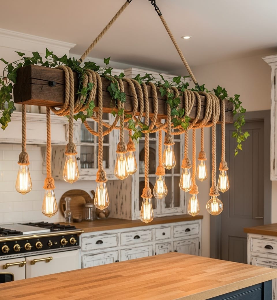 Grand 138 cm Wood Beam Chandelier with 15 Rope Pendants and Artificial Flowers Homeartparis production
