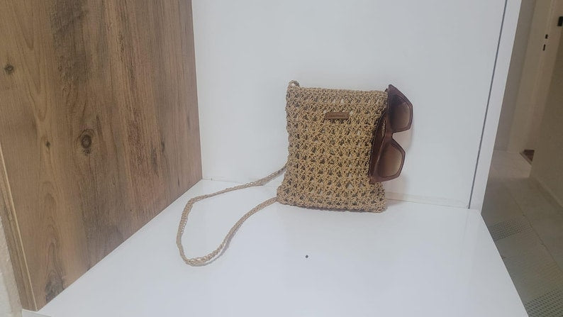The Handmade Black Crochet Mini Shoulder Bag - Bohemian Knit Crossbody Purse with Faux Leather Details - Eco-Friendly Small Handbag for Daily Use