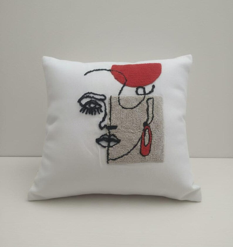 homeartparis Punch Needle Abstract Mask Pillow Cover | Handmade Bohemian Eclectic Decorative Cushion | Vibrant Colors