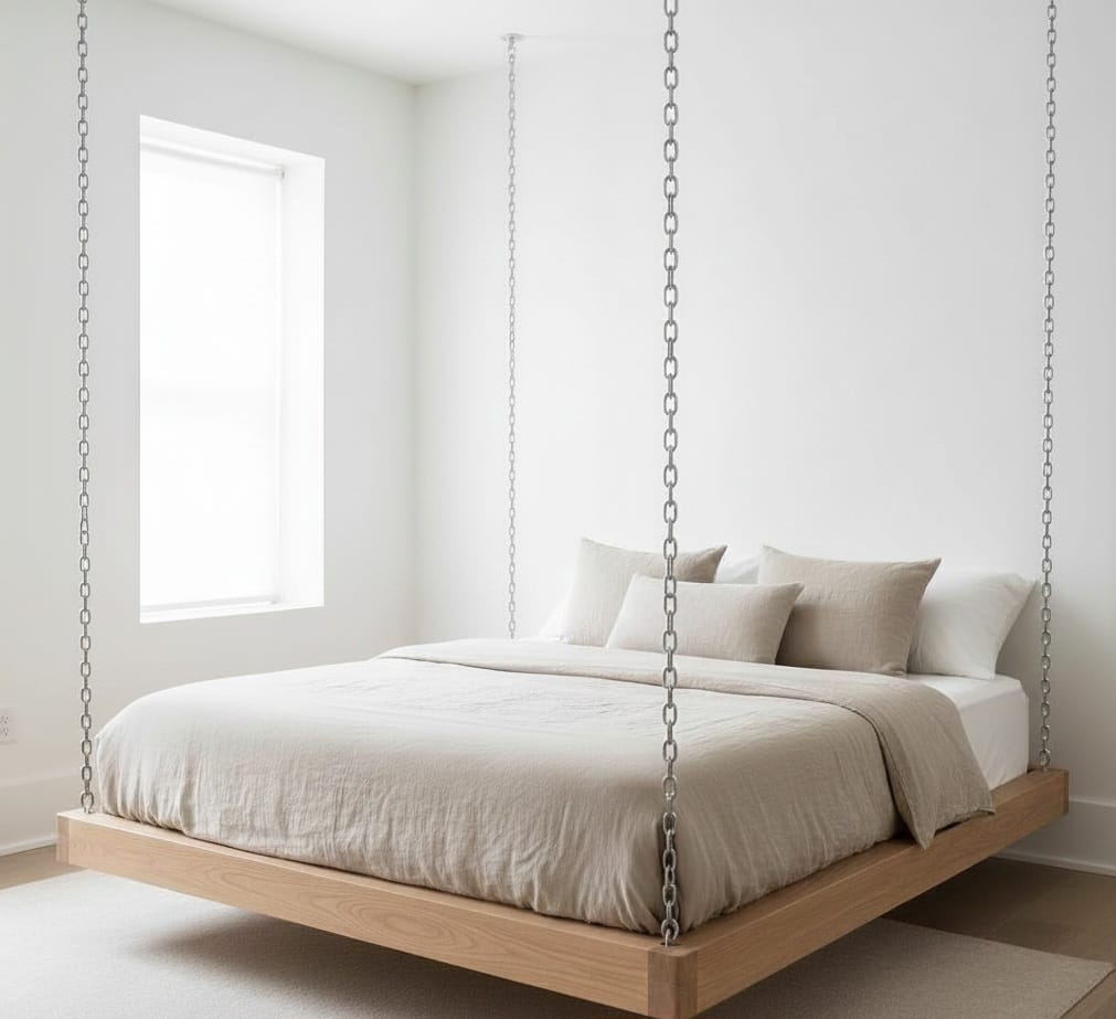 Majestic Solid Spruce Hanging Swing Bed - Heavy Duty Floating Platform Bed Frame - Homeartparis production