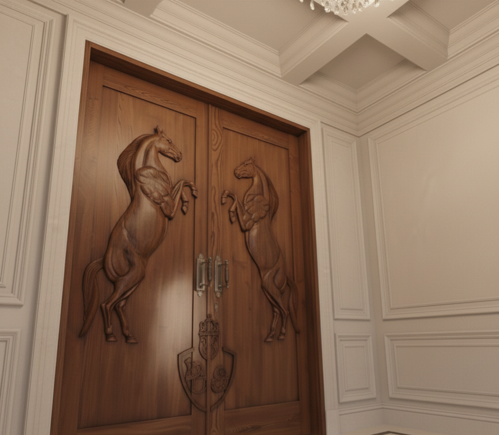 Vitage Wooden Garden Gate, Medieval Hand-Carved Chestnut Wood Double Doors with Rearing Horse Reliefs - Custom Size and Logo Options Homeartparis production