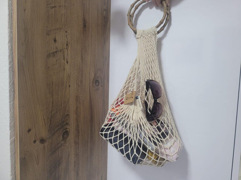 Hand-Knitted Mesh Beach Bag - Bohemian Market Tote by Seval Özsoy - Wooden Handle Summer Purse - Strong & Foldable Artisan Gift
