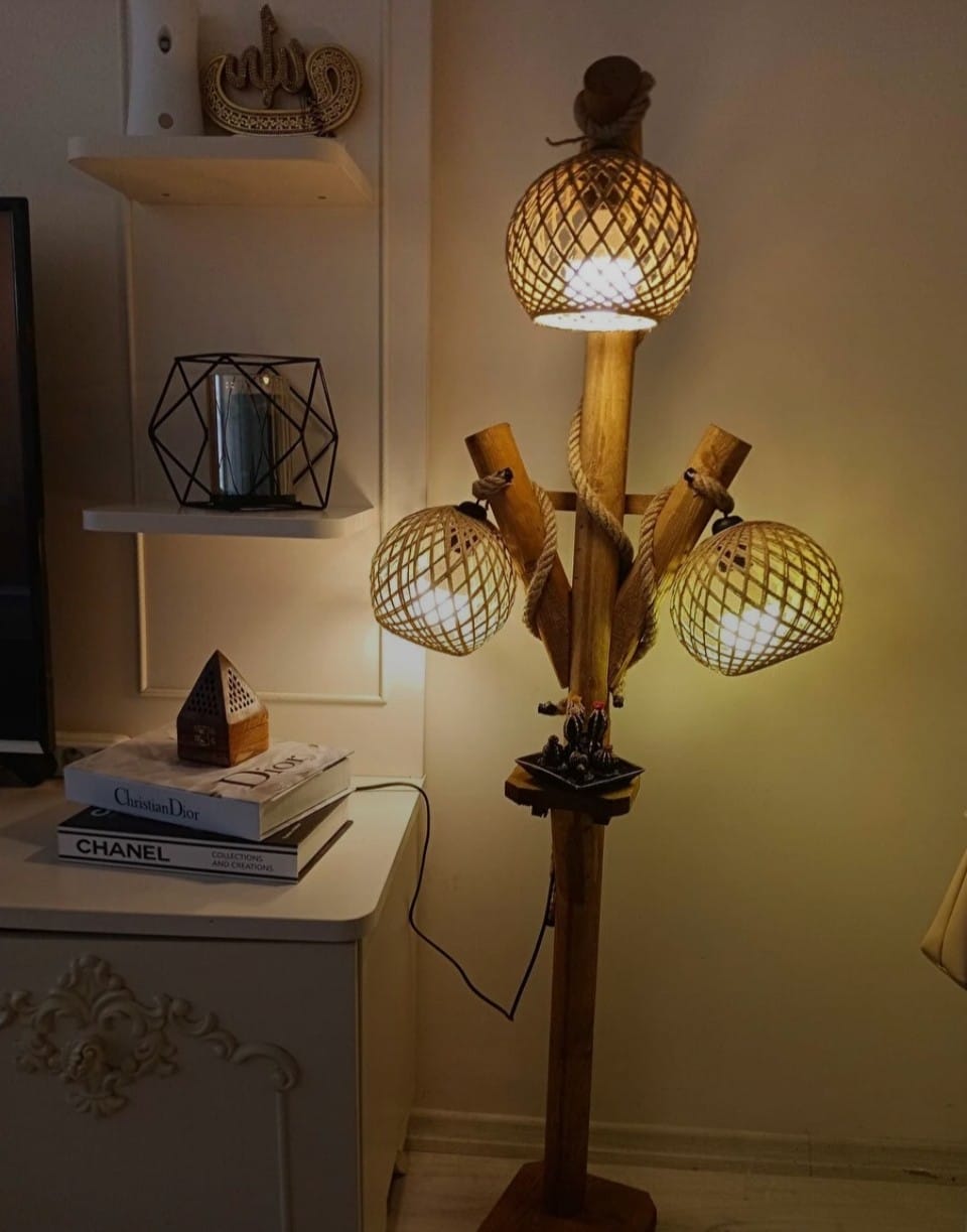 Natural Tree Branch Floor Lamp with 3 Rope Shades Homeartparis production