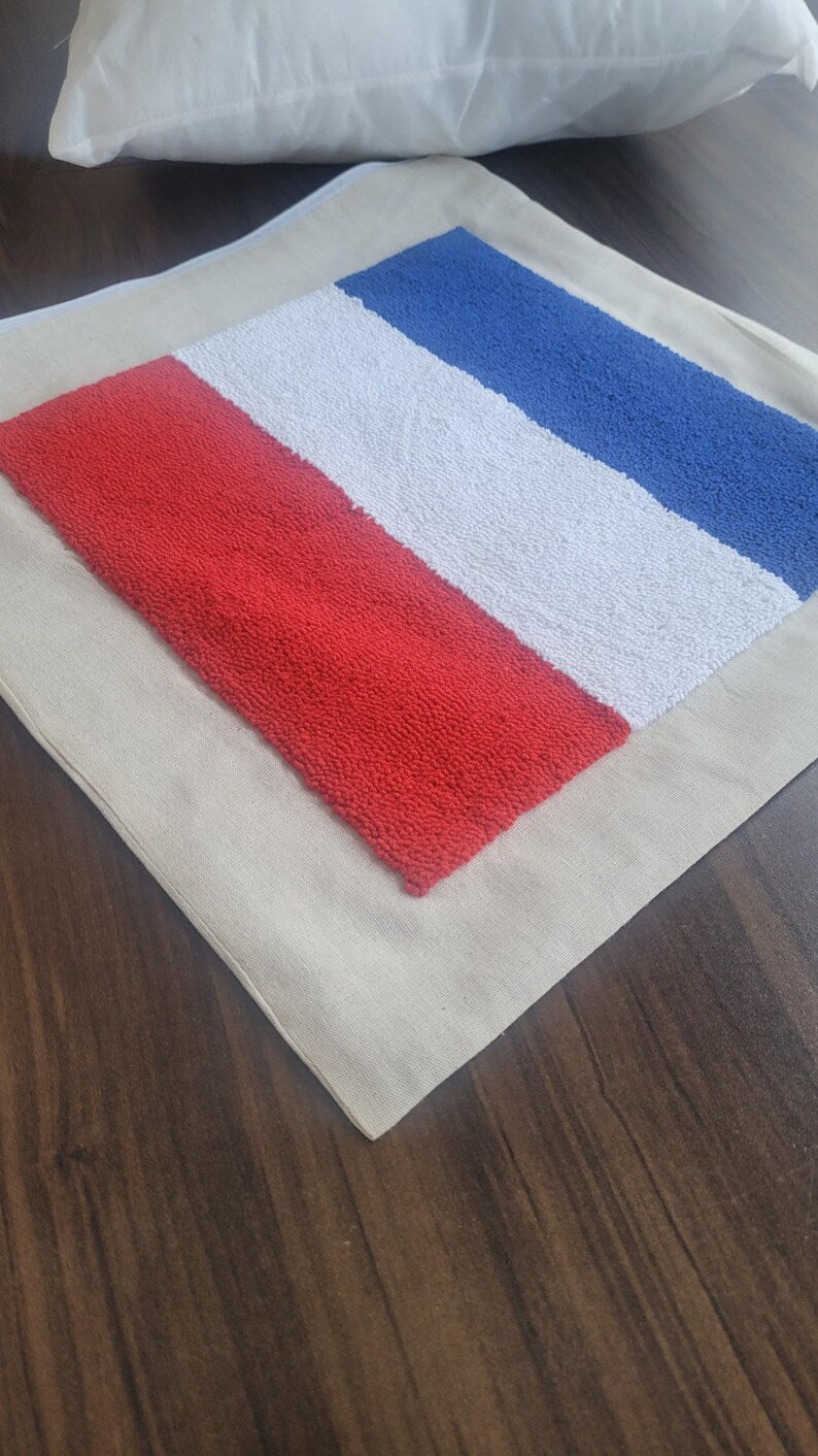 Homeartparis French Flag Punch Needle Pillow Cover, France Linen Cushion Case, Parisian Style Gift, Textured Home Decor 16x16