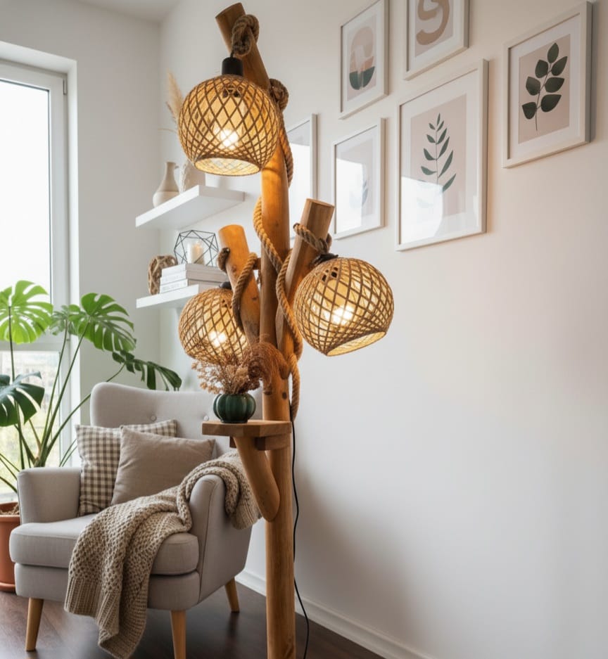 Natural Tree Branch Floor Lamp with 3 Rope Shades Homeartparis production