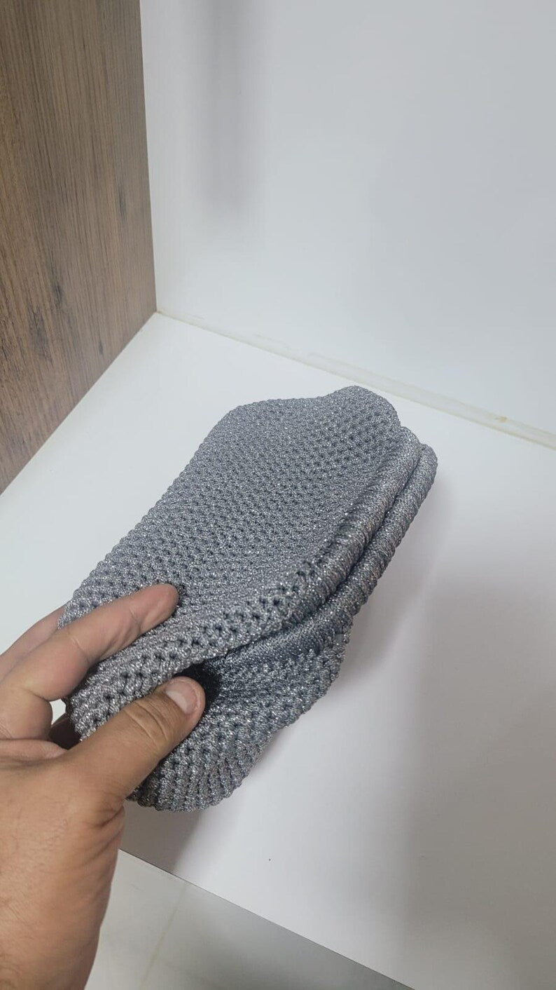 The Homeartparis Sparkly Grey Crochet Clutch - Handmade Silver Glitter Evening Bag by Seval Özsoy - Luxury Party Purse with Metal Frame - Elegant Occasion Gift