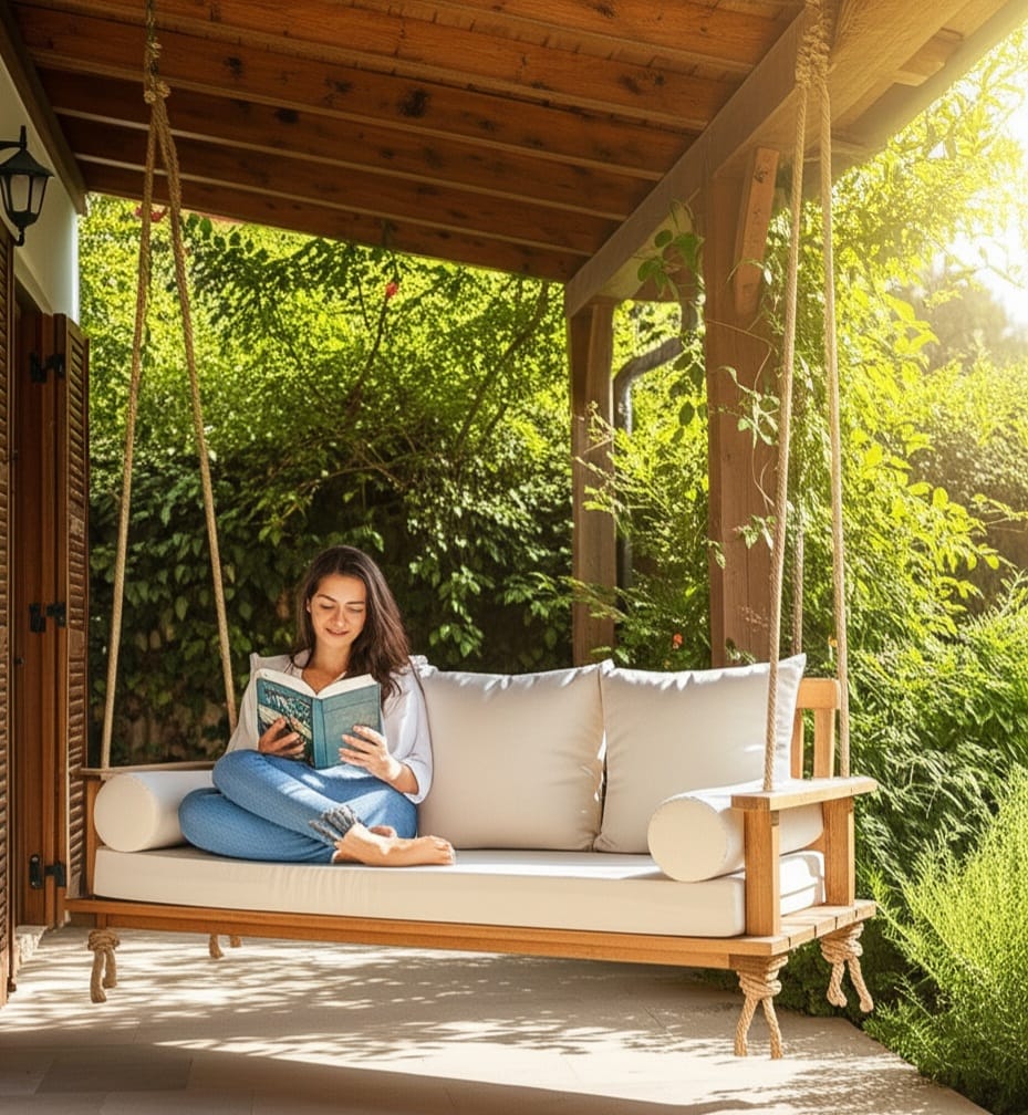 Handcrafted Spruce Wood Porch Swing Bed Set - Outdoor Garden Hanging Daybed with Cushions - Homeartparis production