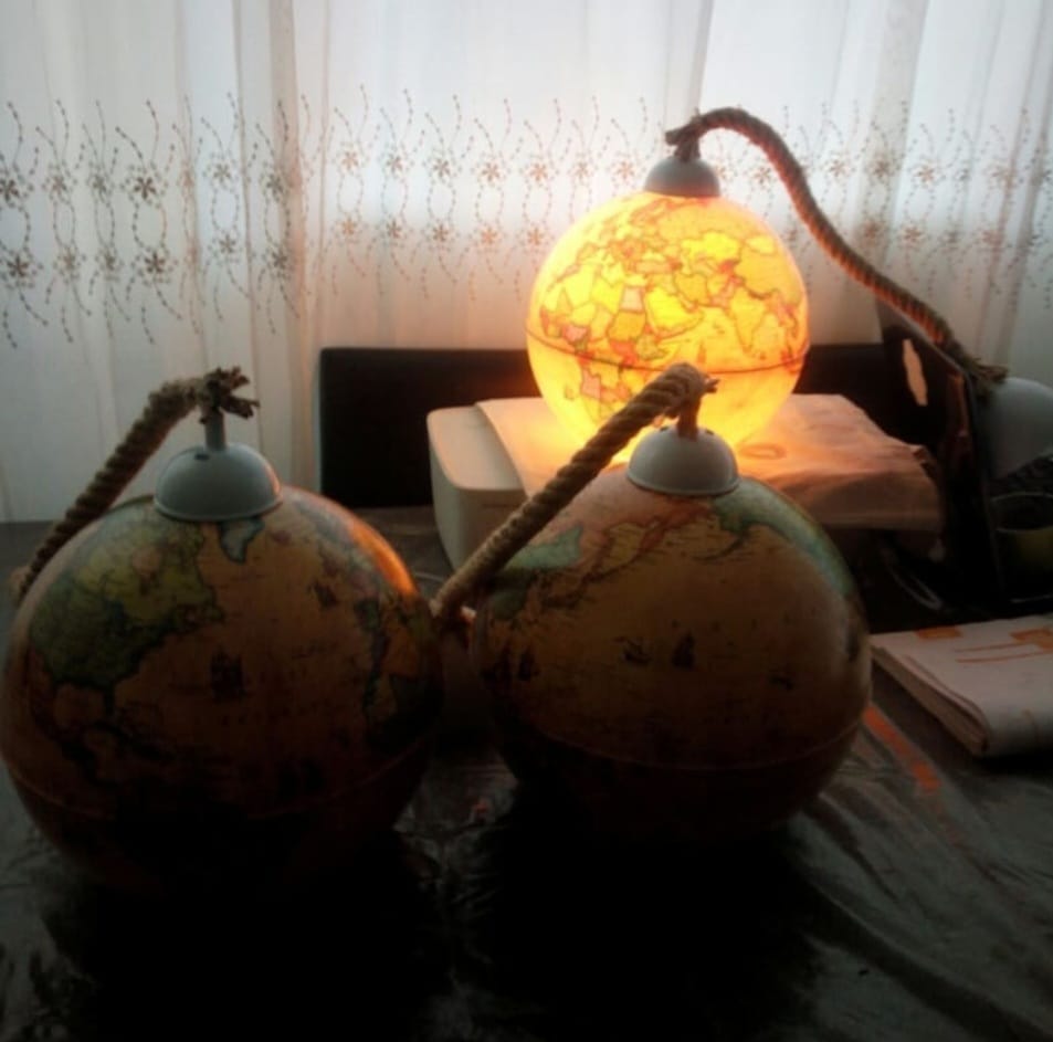 Vintage World Map Pendant Light - Handcrafted Nautical Hanging Globe Lamp with Adjustable Rope