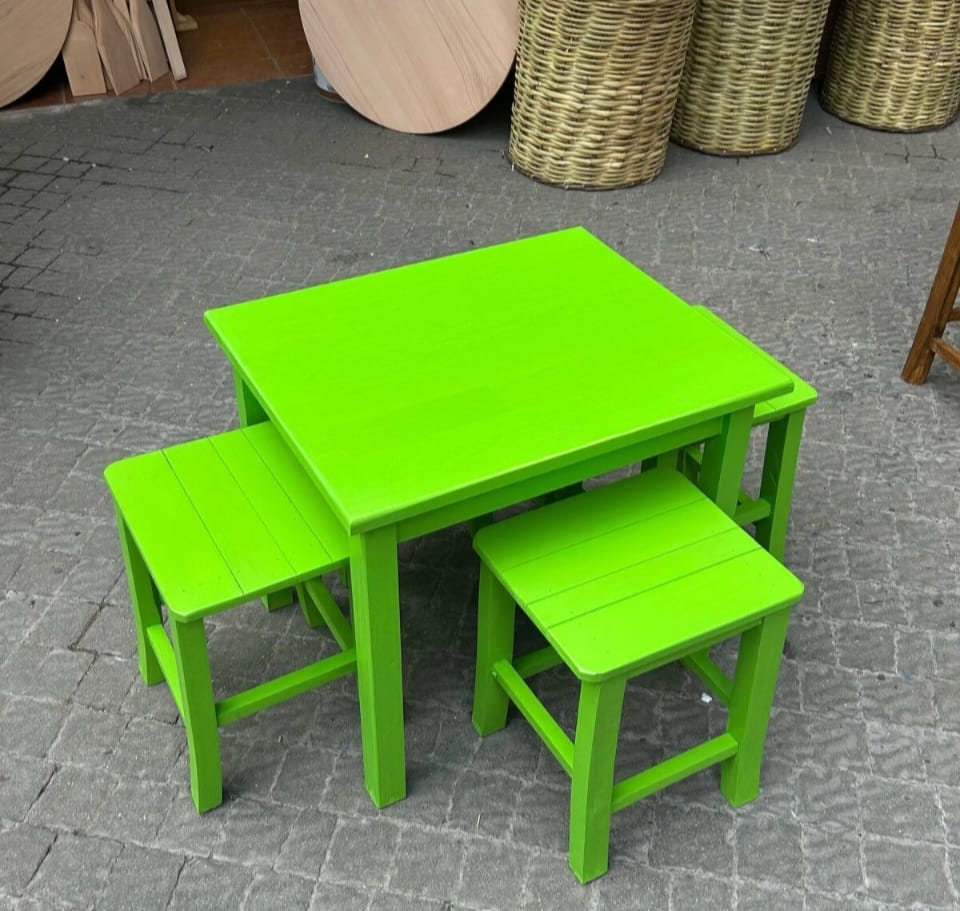 Vibrant Commercial Cafe Table Set, 4 Stools and 1 Table, Patio and Terrace Furniture, Customizable Wood, Suitable for Indoor/Outdoor Use> by homeartparis