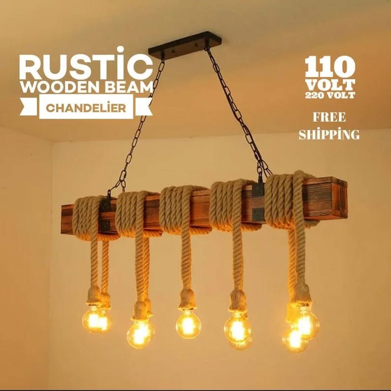 Rustic 100 cm Wood Beam Chandelier with 10 Hanging Rope Sockets Homeartparis production