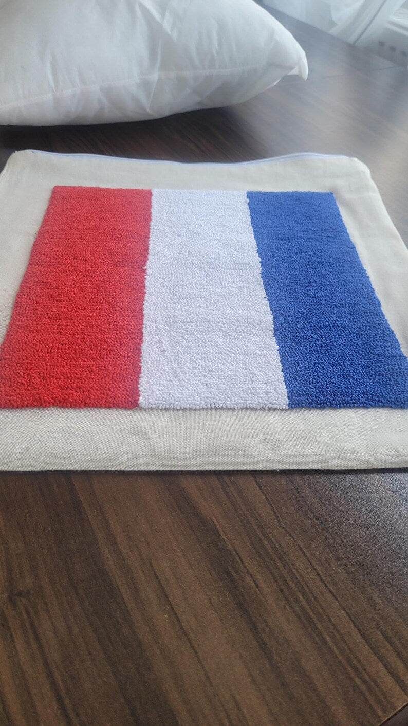 Homeartparis French Flag Punch Needle Pillow Cover, France Linen Cushion Case, Parisian Style Gift, Textured Home Decor 16x16