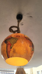 Vintage World Map Pendant Light - Handcrafted Nautical Hanging Globe Lamp with Adjustable Rope