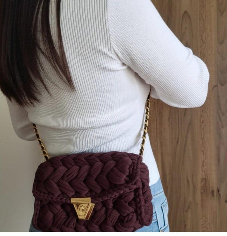 Brown Popcorn Stitch Crossbody Bag - Designer Knit Shoulder Bag by Seval Özsoy - Unique Limited Edition Boho Purse - Special Gift for Her
