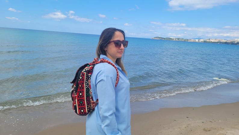 Ethnic Boho Backpack - Handwoven Authentic Kilim Pattern Travel Bag by Seval Özsoy - Unique Bohemian Rucksack - Artisan Kilim Accessory