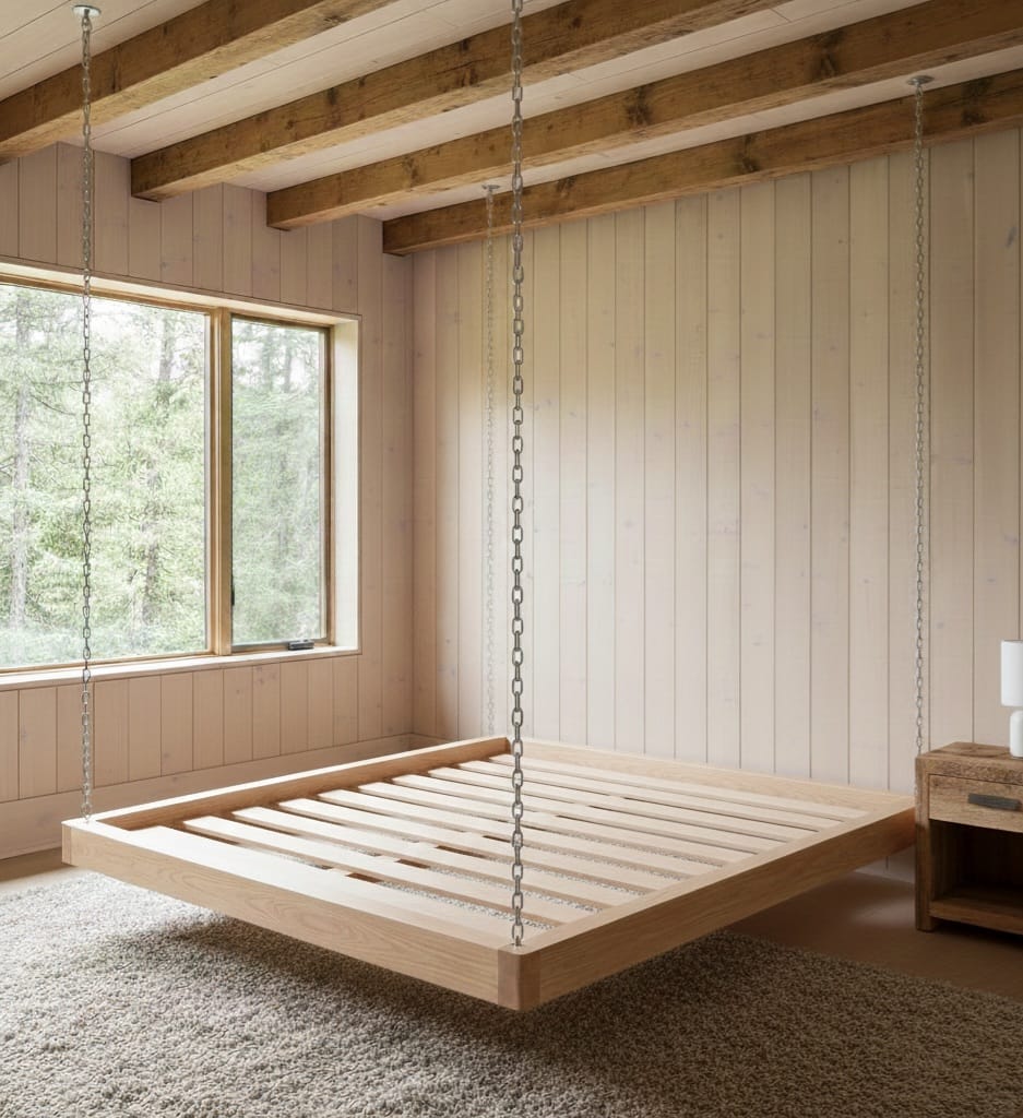 Majestic Solid Spruce Hanging Swing Bed - Heavy Duty Floating Platform Bed Frame - Homeartparis production