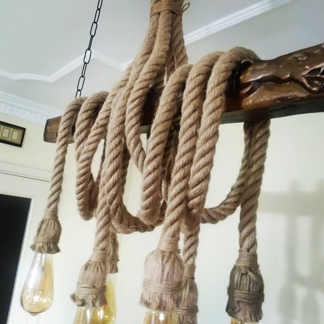 Hand Carved Mythological Snake Wood Chandelier with Jute Rope Vintage Beam Lighting Homeartparis production