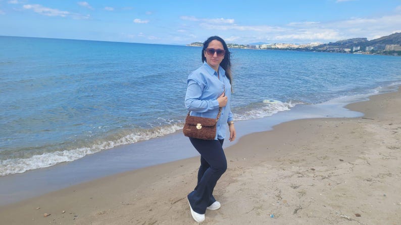 Brown Soft Plush Shoulder Bag - Handmade Designer Crossbody by Seval Özsoy - Luxury Cozy Faux Fur Purse with Gold Chain - Unique Gift