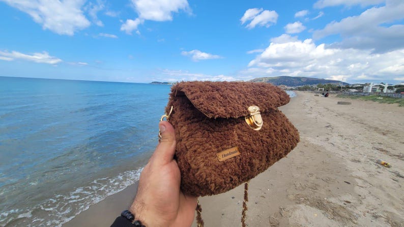 Brown Soft Plush Shoulder Bag - Handmade Designer Crossbody by Seval Özsoy - Luxury Cozy Faux Fur Purse with Gold Chain - Unique Gift