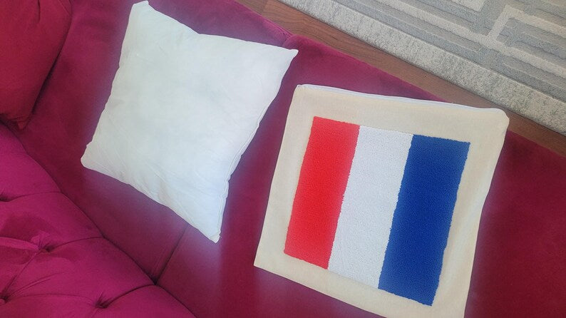 Homeartparis French Flag Punch Needle Pillow Cover, France Linen Cushion Case, Parisian Style Gift, Textured Home Decor 16x16