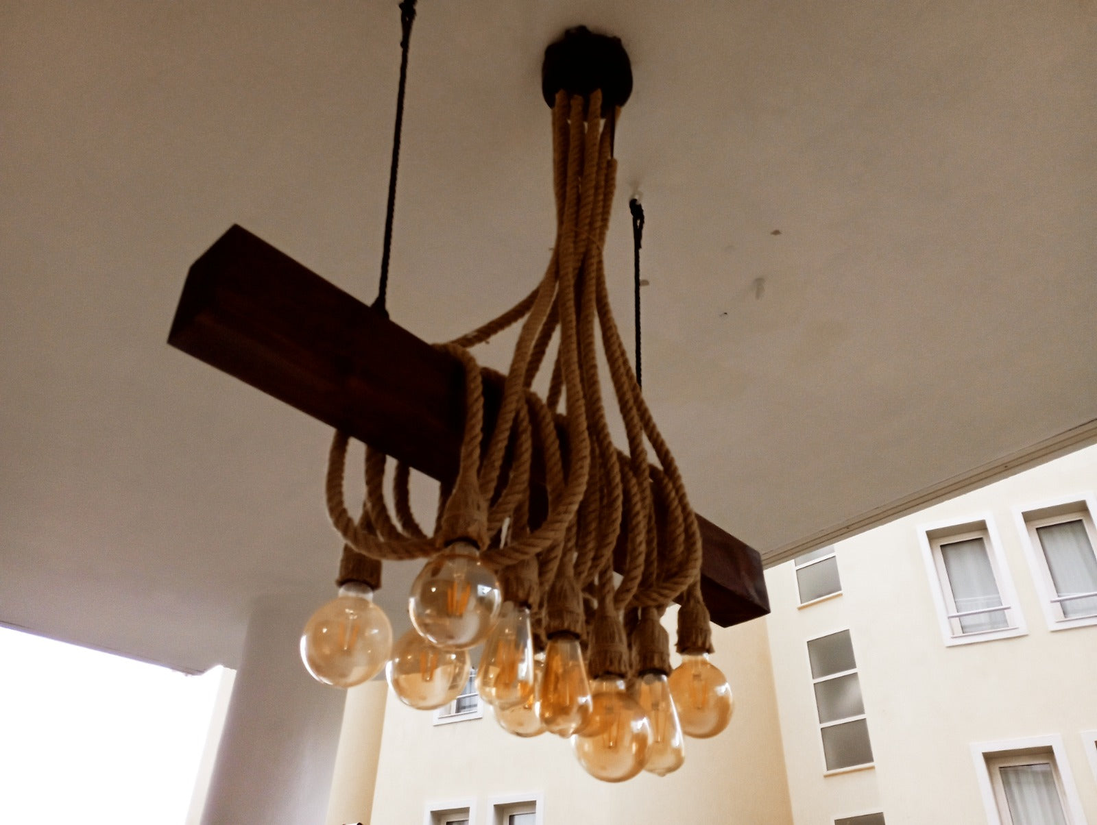 Rustic Wood Beam Chandelier with 10 Hanging Rope Sockets Vintage Industrial Light Homeartparis production