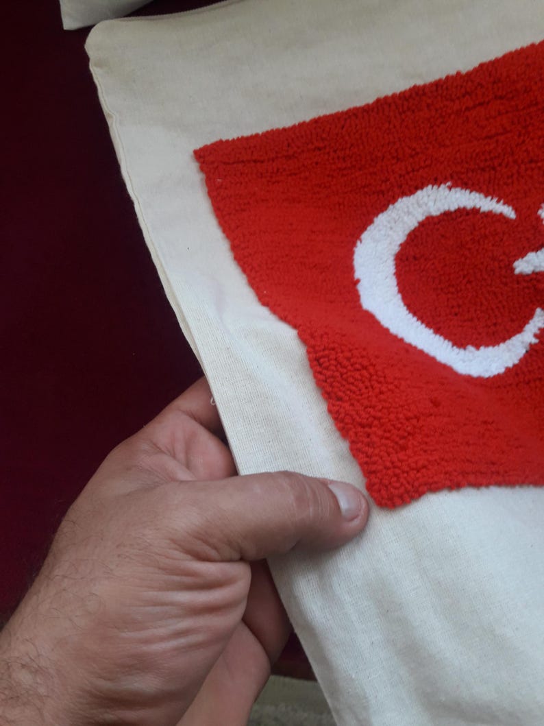 homeartparis Turkish Flag Punch Needle Pillow Cover, Turkey Linen Cushion Case, Travel Souvenir Gift, Textured Home Decor 16x16