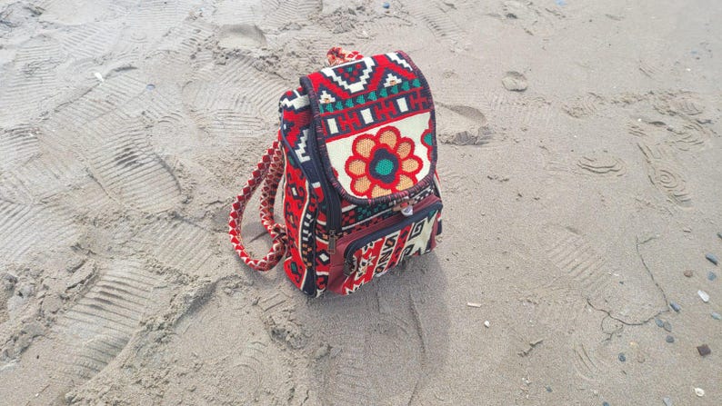 Ethnic Boho Backpack - Handwoven Authentic Kilim Pattern Travel Bag by Seval Özsoy - Unique Bohemian Rucksack - Artisan Kilim Accessory