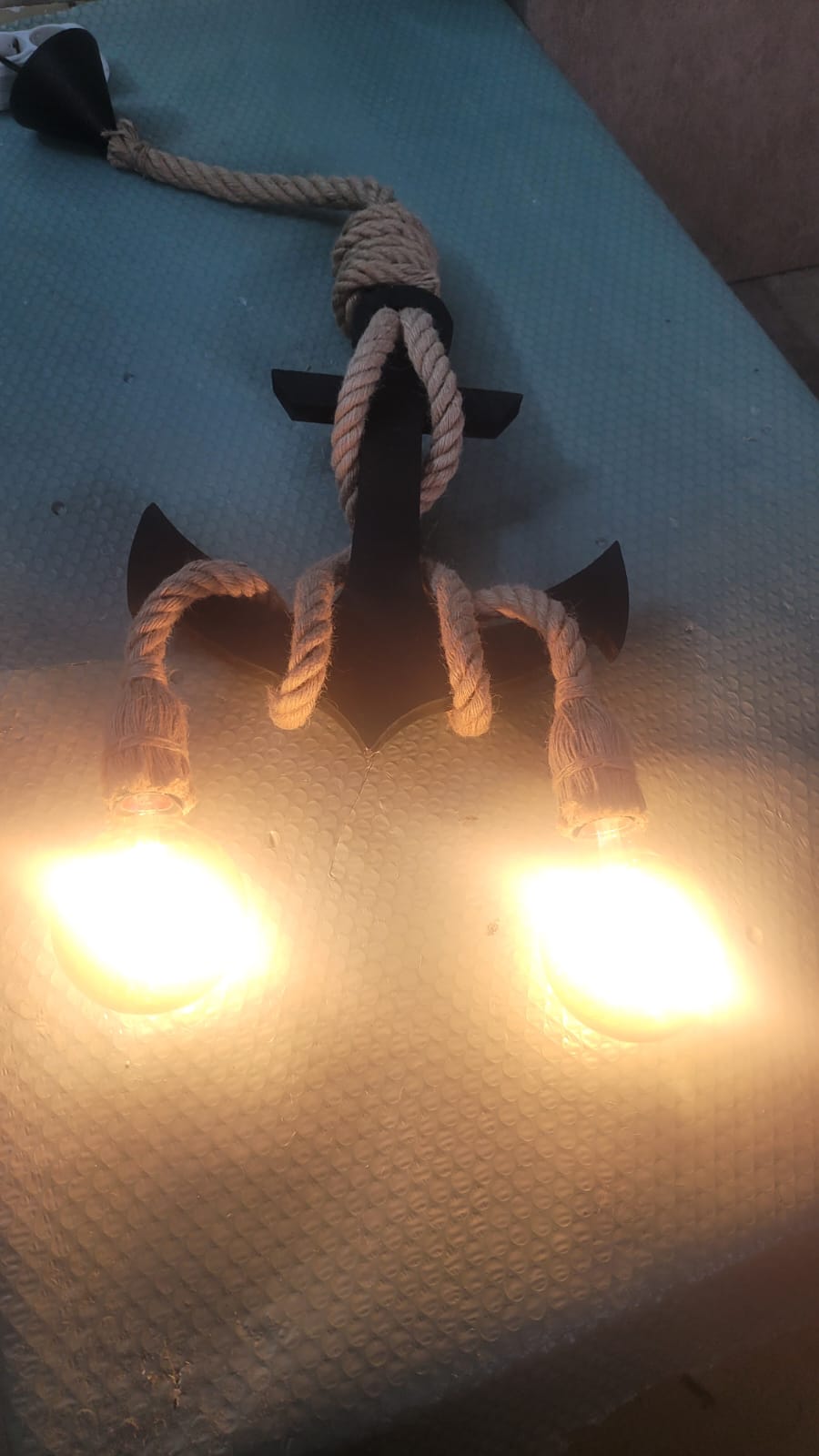Handcrafted Wooden Anchor Pendant Light - Nautical Dual-Rope Chandelier with Adjustable Hanging Height