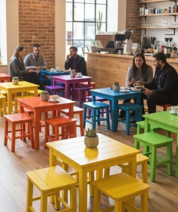 Vibrant Commercial Cafe Table Set, 4 Stools and 1 Table, Patio and Terrace Furniture, Customizable Wood, Suitable for Indoor/Outdoor Use> by homeartparis
