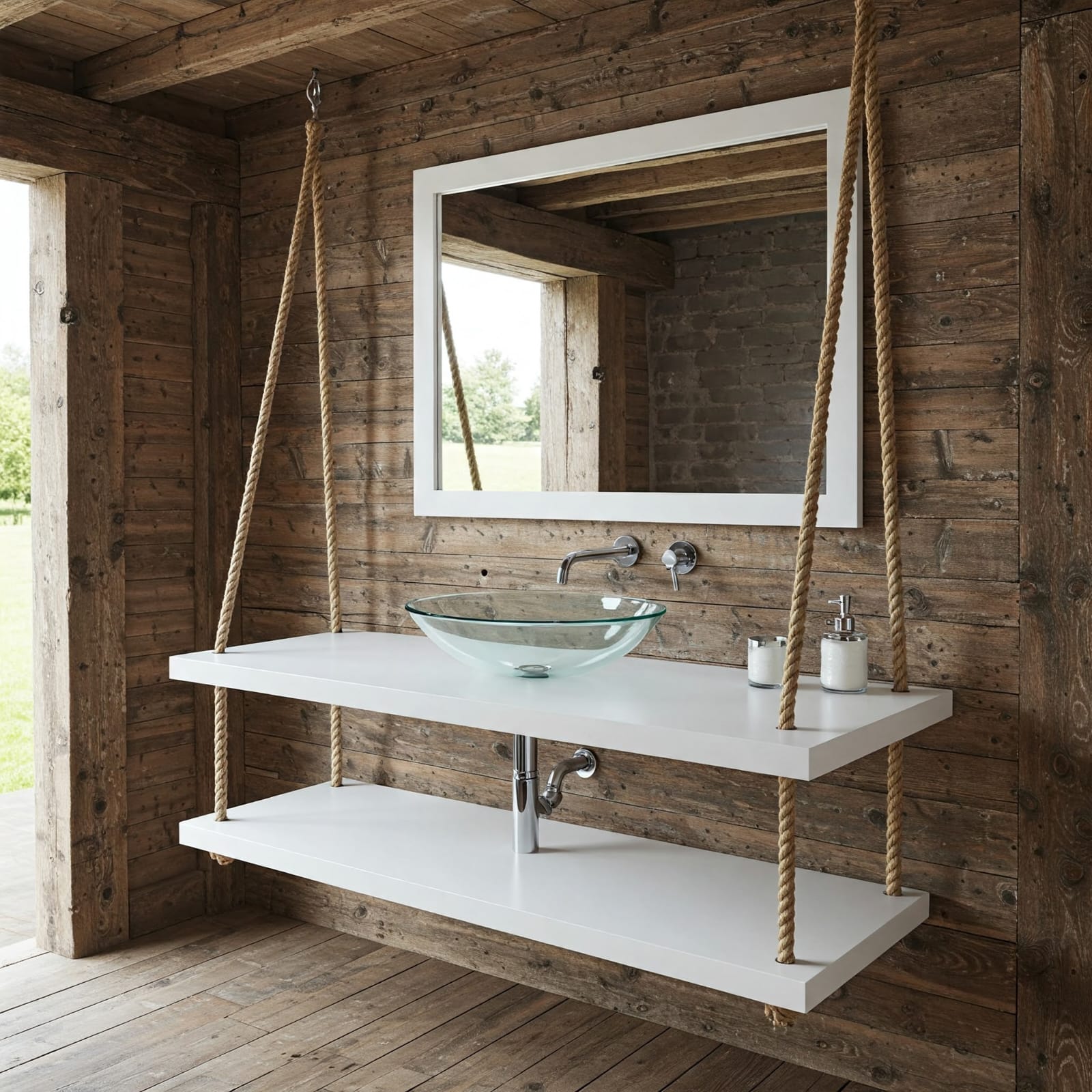 Homeartparis Handcrafted 2-Tier Hanging Vanity Set - Floating Rustic Bathroom Unit with Mirror