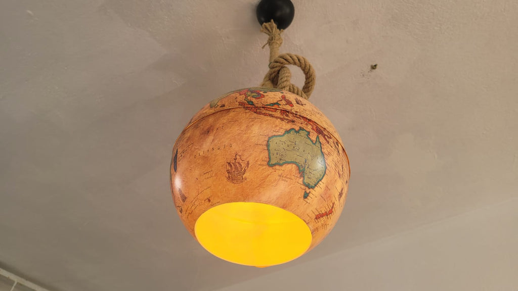 Vintage World Map Pendant Light - Handcrafted Nautical Hanging Globe Lamp with Adjustable Rope