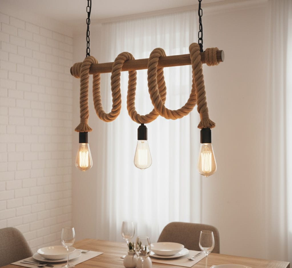 3-Light White Rope and Natural Wood Rustic Chandelier Homeartparis production