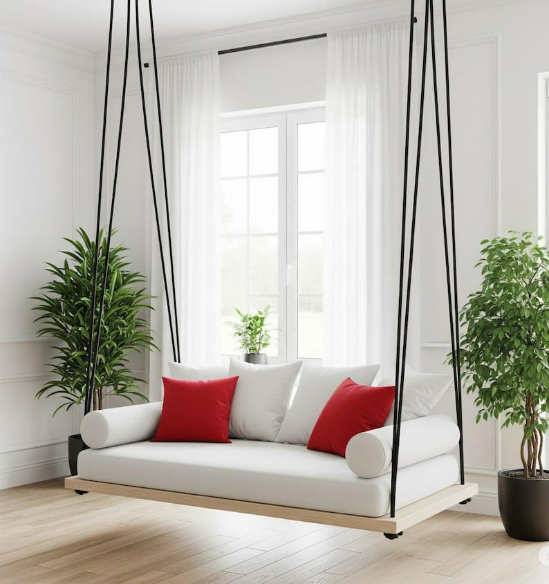 Desing Spruce Wood Porch Swing Bed Set - Outdoor Garden Hanging Daybed with Cushions - Homeartparis production