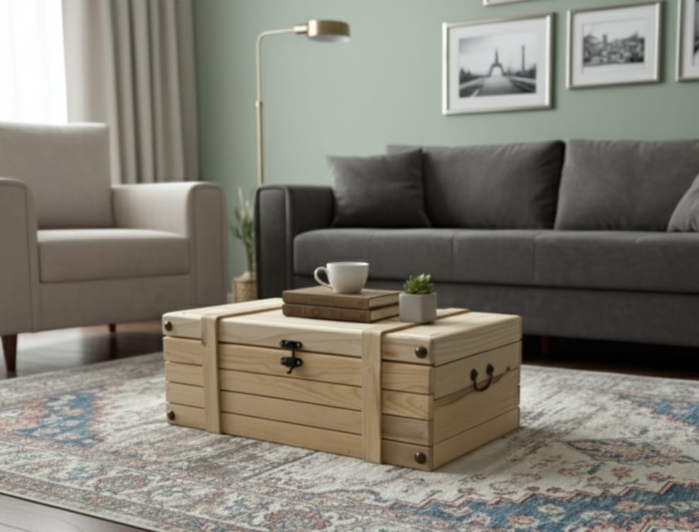 Solid Wood Coffee Table Chest, Handmade Storage Trunk Table, Rustic Pine Wood Chest, 2 Sizes, Multipurpose Living Room Furniture by homeartparis