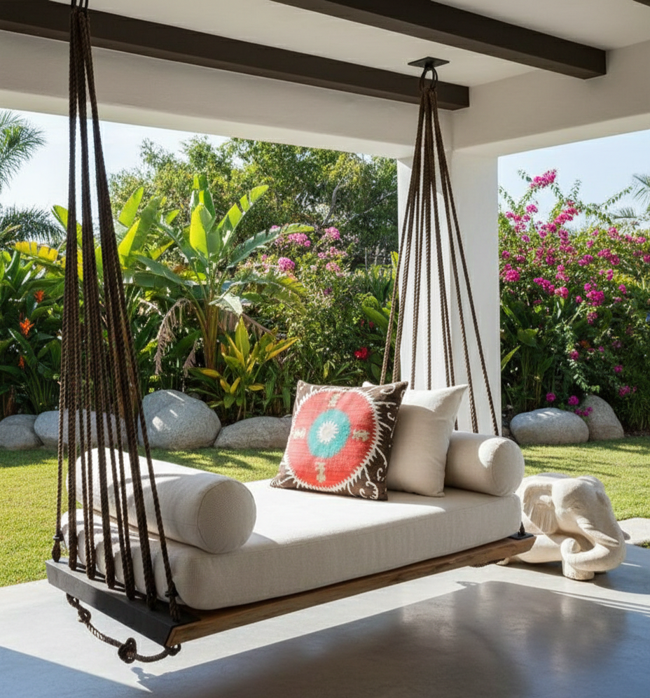Artisan Handcrafted Spruce Wood Hanging Swing Bed - Complete All-Inclusive Set - Homeartparis production