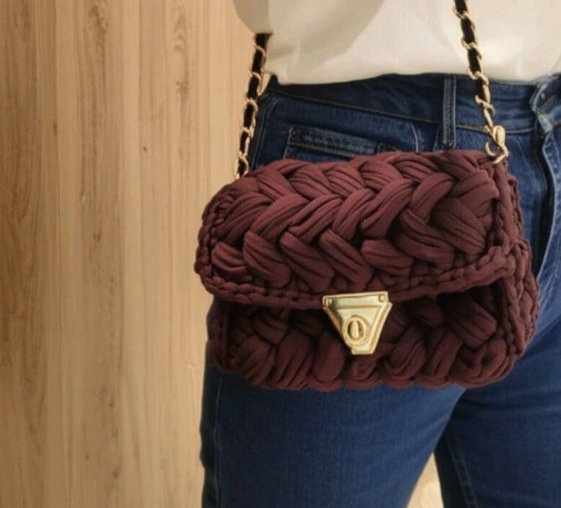 Brown Popcorn Stitch Crossbody Bag - Designer Knit Shoulder Bag by Seval Özsoy - Unique Limited Edition Boho Purse - Special Gift for Her