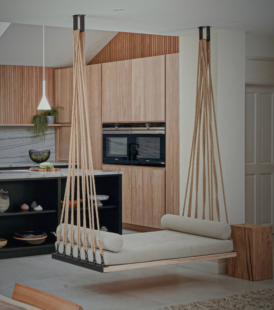 Artisan Handcrafted Spruce Wood Hanging Swing Bed - Indoor Outdoor Jute Rope Daybed - Homeartparis production
