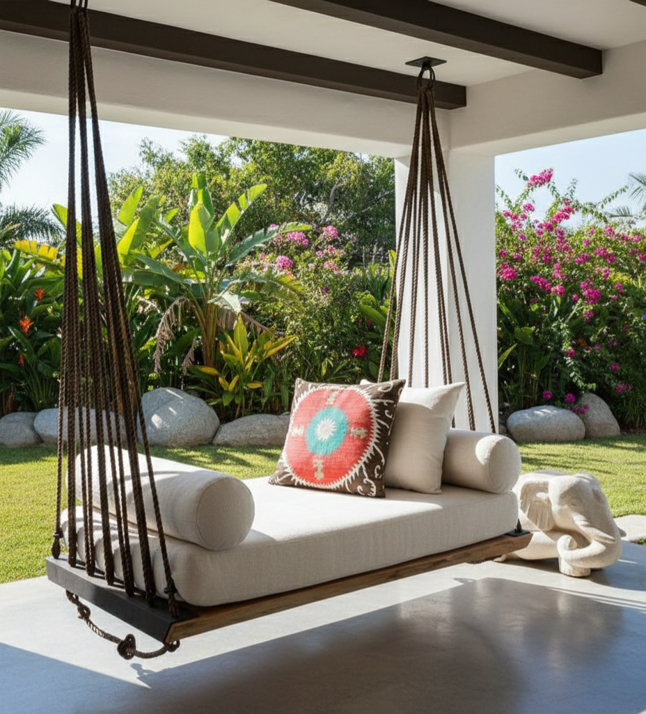 Artisan Handcrafted Spruce Wood Hanging Swing Bed - Complete All-Inclusive Set - Homeartparis production