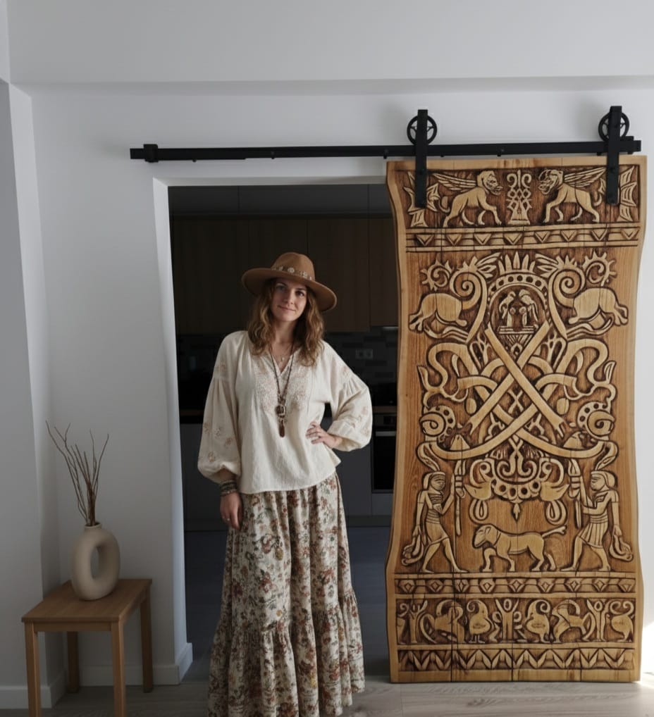 Handcarved Solid Wood Sliding Barn Door - Custom Artisanal Interior Door with Hardware - Homeartparis production