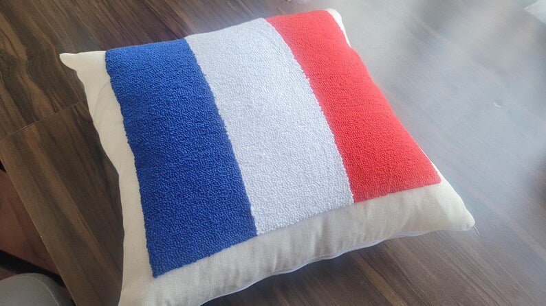 Homeartparis French Flag Punch Needle Pillow Cover, France Linen Cushion Case, Parisian Style Gift, Textured Home Decor 16x16
