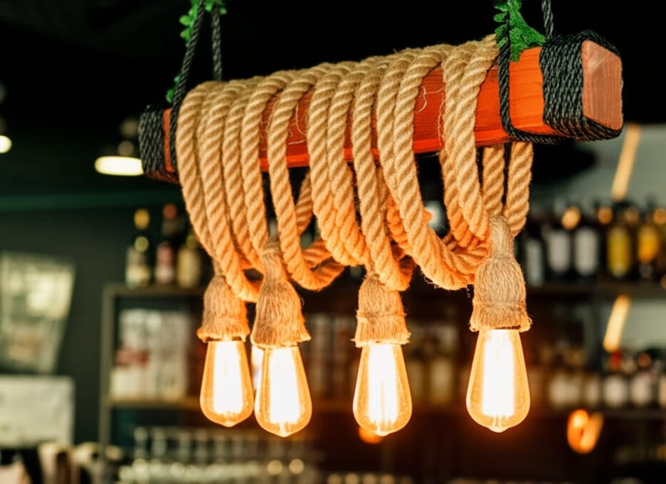 Walnut finish wood chandelier, 4-rope rustic pendant light, Homeartparis production, handcrafted walnut beam lamp, decorative rope ceiling fixture, farmhouse walnut lighting, vintage jute rope pendant, industrial walnut light.