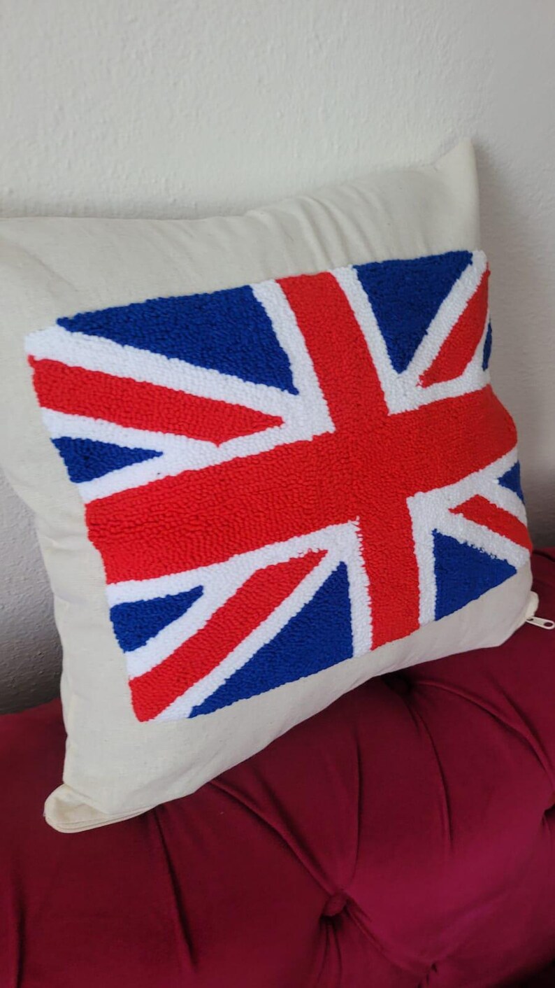 Homeartparis Punch Needle UK Flag Pillow - Handmade Union Jack Tufted Cushion by Seval Özsoy - Patriotic British Decor - Available as Cover Only or with Filling