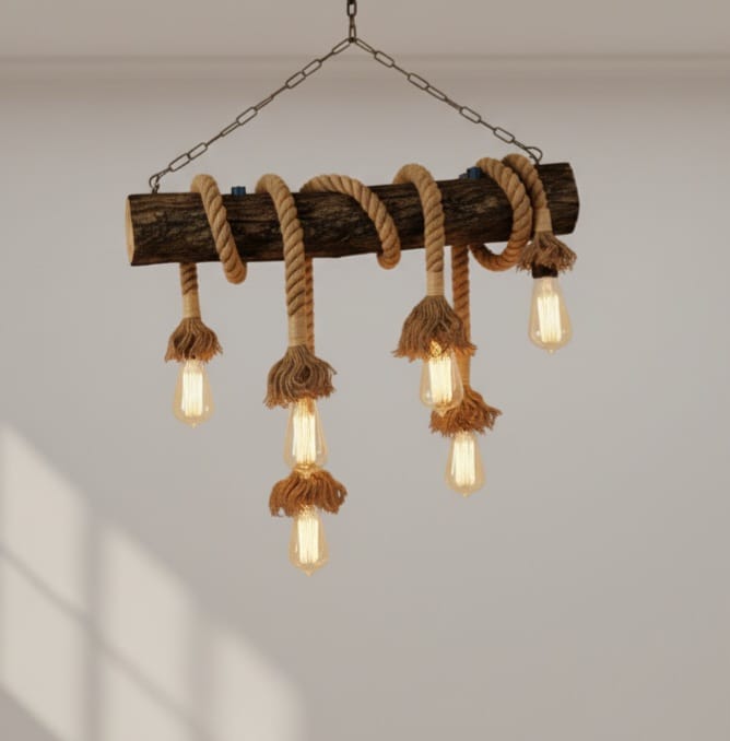 6-Light Natural Oak Branch and Rope Rustic Chandelier - Organic Homeartparis Design