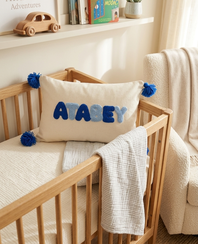 baby pillow Text Lumbar Pillow, Punch Needle Personalized Cushion Cover, Rectangular Name Pillow, Linen Decor Gift