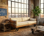Rustic Industrial Solid Spruce Wood Sofa with Wheels Homeartparis production