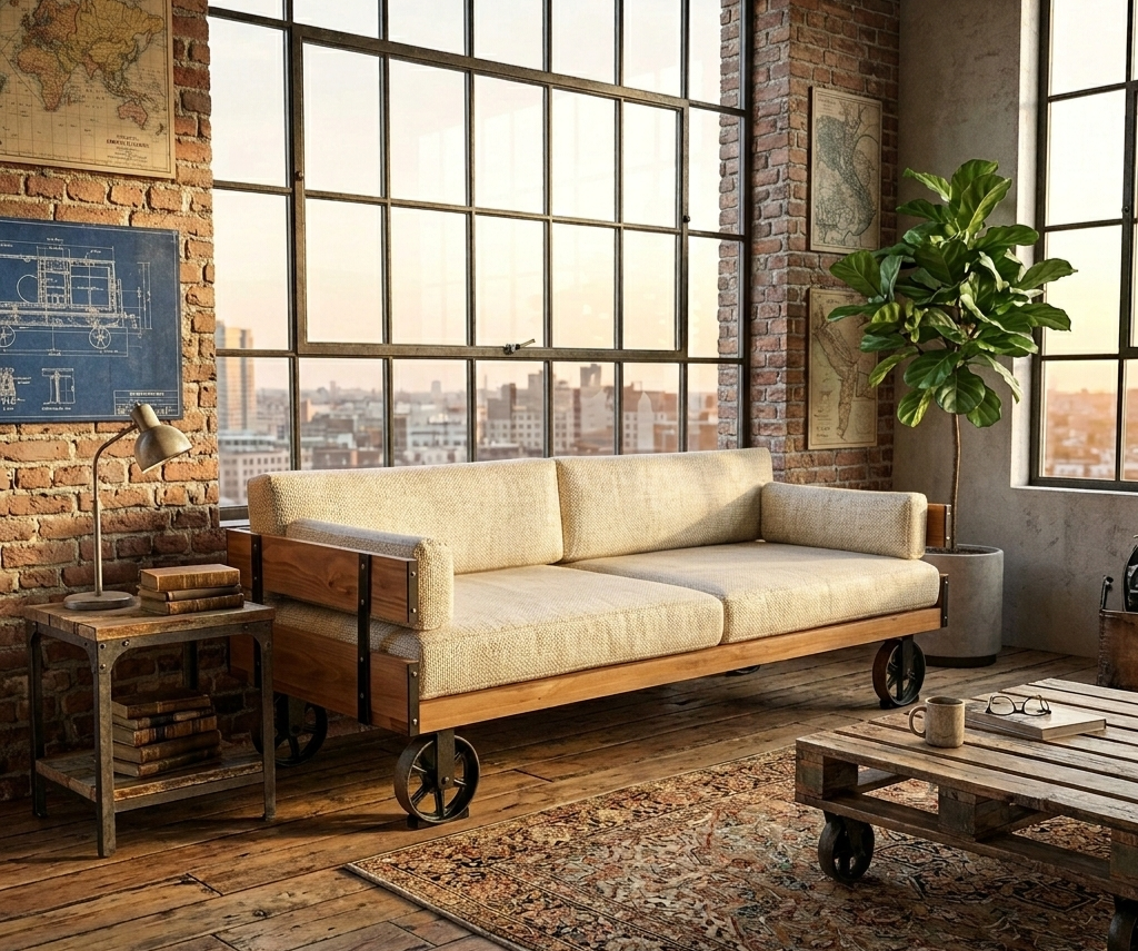 Rustic Industrial Solid Spruce Wood Sofa with Wheels Homeartparis production