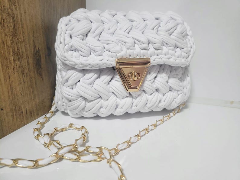 Chalk White Crochet Crossbody Bag - Handmade Popcorn Stitch Purse by Seval Özsoy - Soft T-Shirt Yarn Mini Bag - Unique Designer Gift